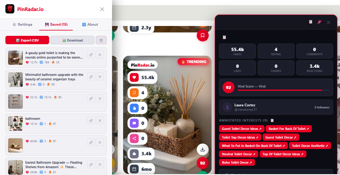 PinRadar showing Pinterest's internal Annotated Interests keyword tags extracted from a pin, used for SEO keyword research and content optimization