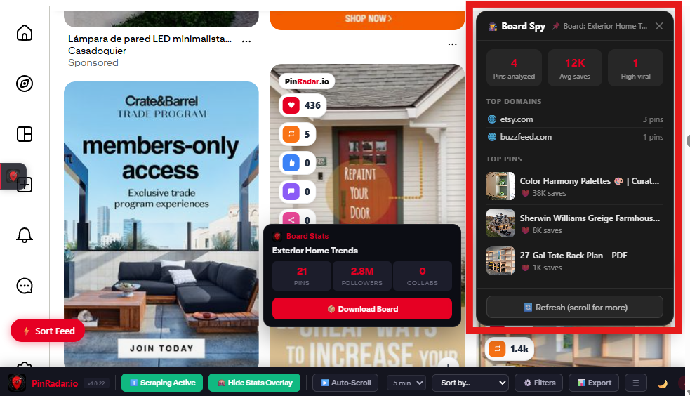 PinRadar Board Spy feature analyzing a competitor Pinterest board showing top pins ranked by saves, board followers, top domains and aggregate board statistics
