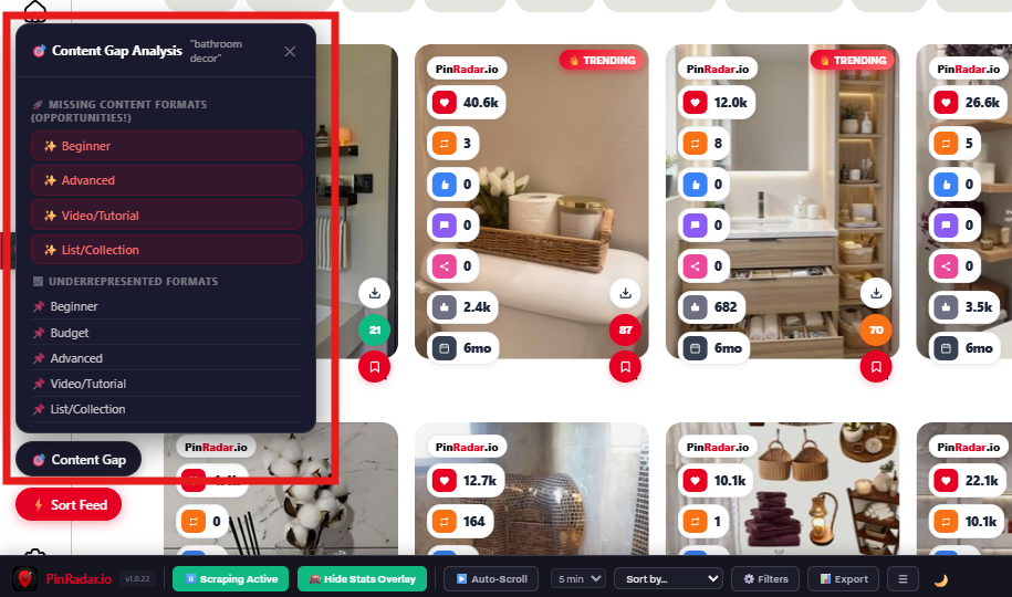 PinRadar Content Gap Detector showing missing content formats in a Pinterest niche — Beginner, Advanced, Video Tutorial and List Collection opportunities identified instantly