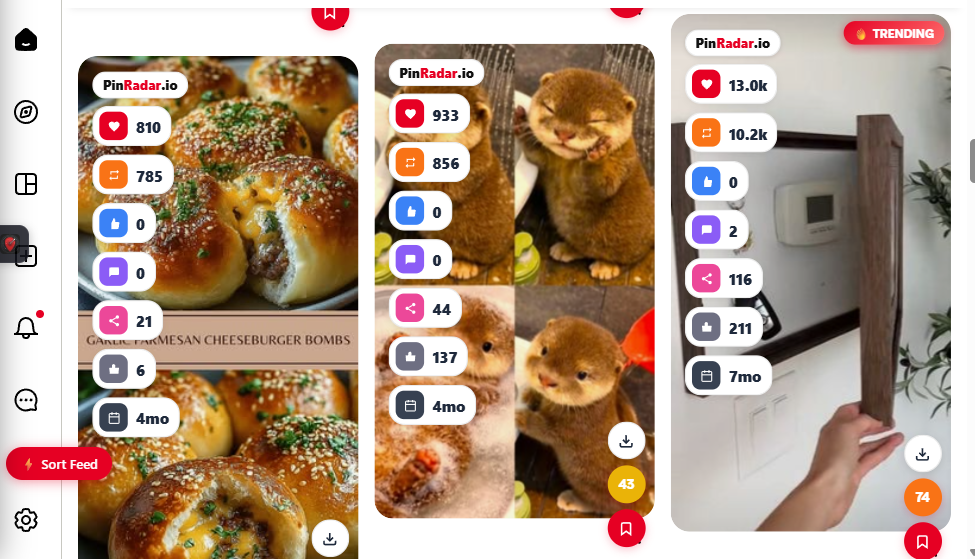 PinRadar stats overlay showing saves, repins, viral score and pin age badges on every pin in the Pinterest home feed