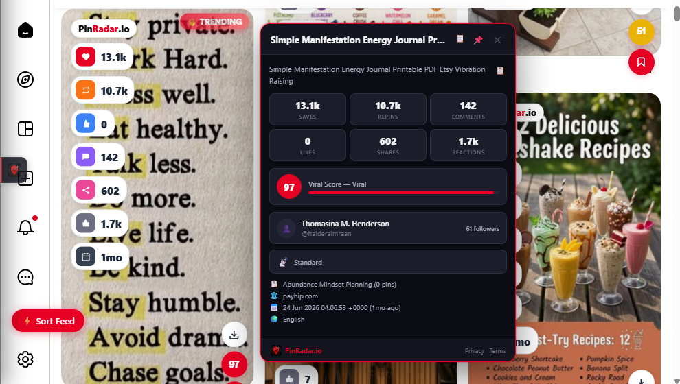 PinRadar hover popup showing full Pinterest pin analytics including saves, repins, viral score, keyword annotations and pinner follower count