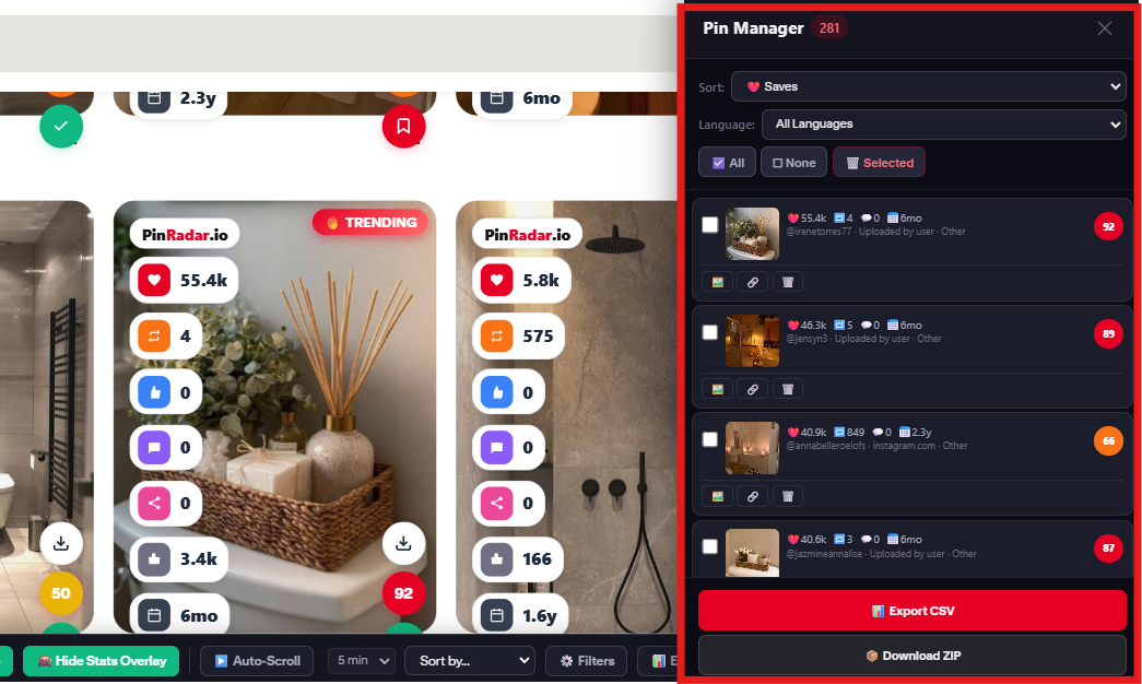 PinRadar Pin Manager sidebar showing saved pins with sorting, filtering, CSV export and bulk download options for comprehensive Pinterest data management